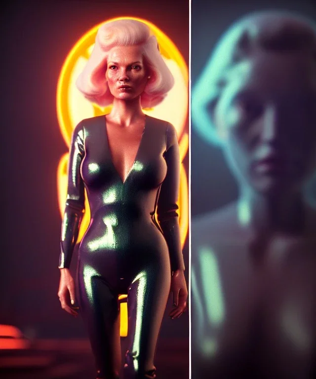 retro sci-fi portrait image from 1980, supermarket parking explosion, fire, scared people, blonde woman walking, sweet Kate moss face, tight latex suit, soft color, highly detailed, unreal engine 5, ray tracing, RTX, lumen lighting, ultra detail, volumetric lighting, 3d, finely drawn, high definition, high resolution.