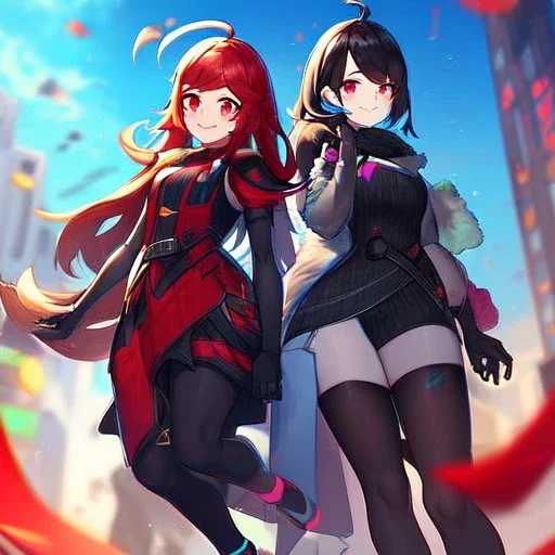 Clear focus,High resolution,High quality, Smiling,Wearing a Fortnite Inspired Outfit,Wearing black long socks, Black Long hair with a ahoge, Red eyes, Wearing black gloves