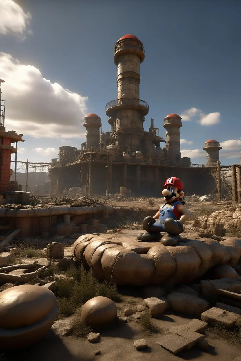 far in the future, a gigantic stature of a mario sits among ruins of buildings. time has weathered the landscape for thousands of years. a small makeshift camp with people can be seen contrasting the massive statue.