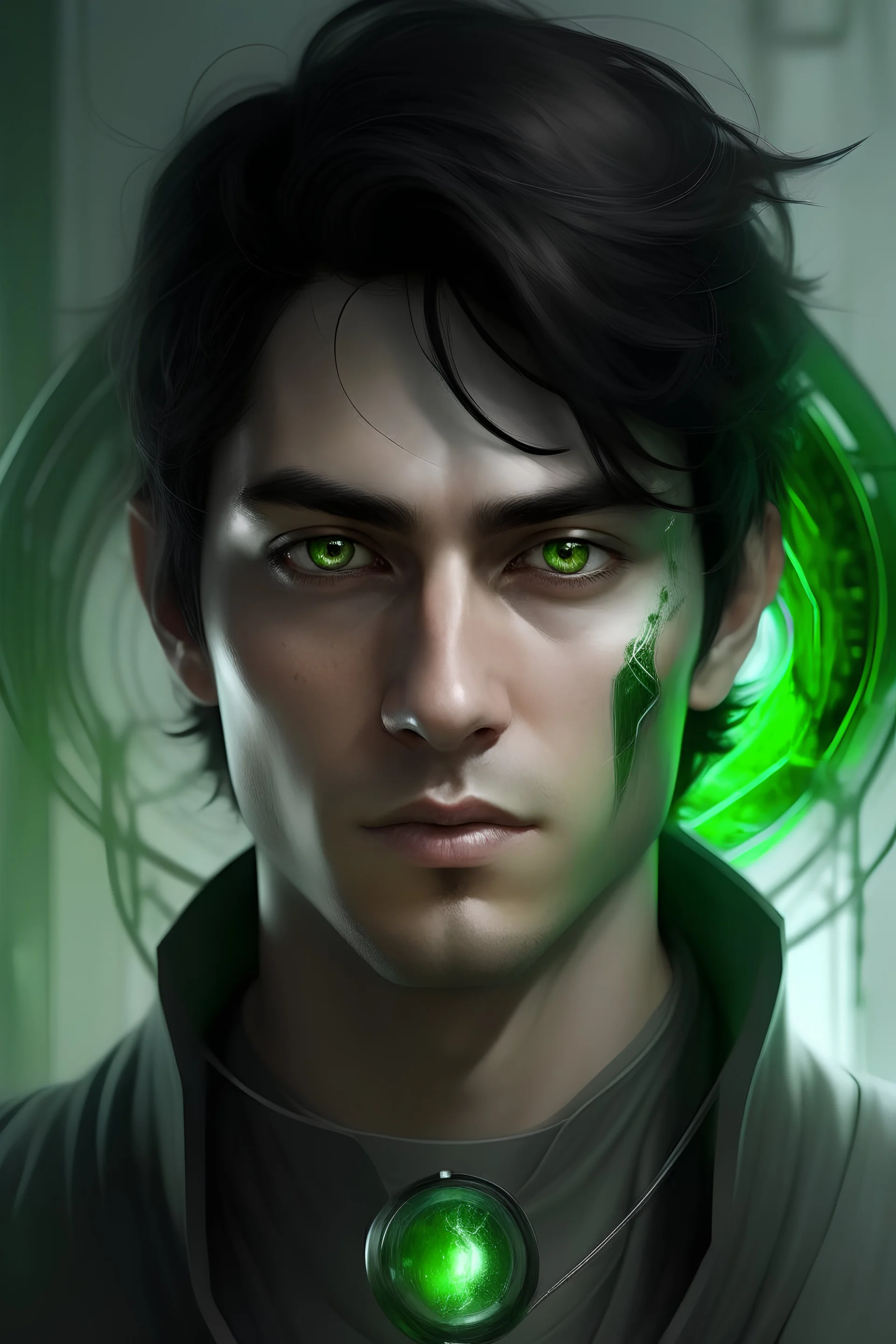 portrait of a human male alchemist inventor with Black Hair with streaks of grey with Bluish green eyes looks to be in his 30