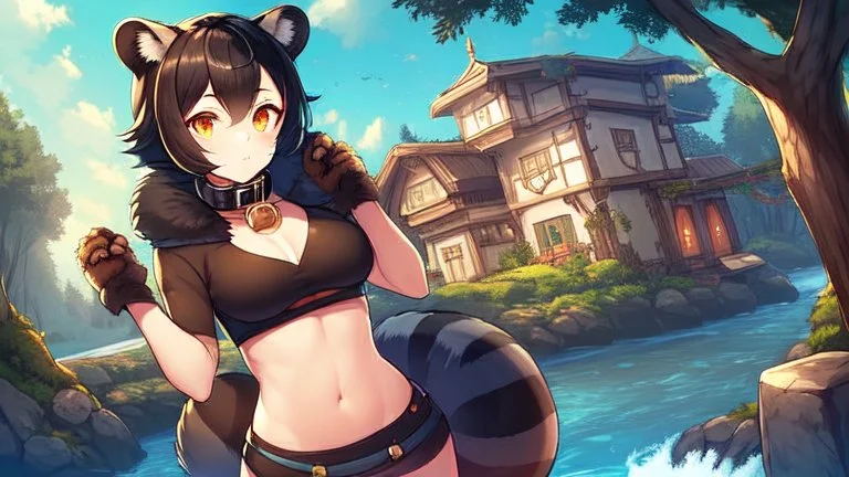 Girl, open navel, black hair, orange eyes, forest, river, house by river, collar on neck, raccoon ears, raccoon tail, raccoon muzzle on face.