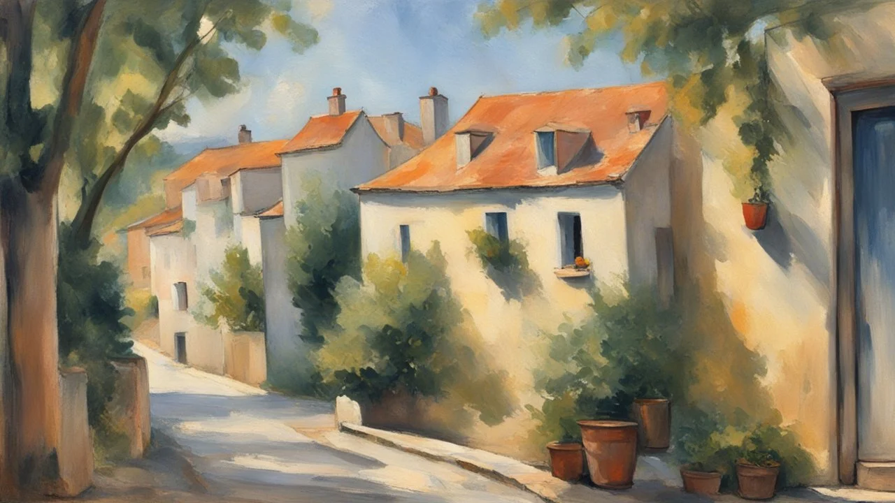 Style Cézanne, calm beauty, sunlight, French village, peaceful, beautiful composition, exquisite detail