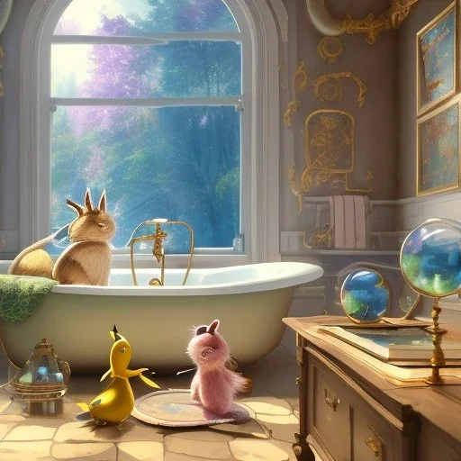 don't lie in the bathtub with big bubble and yellow duck toy facing a blue mirror that hide a notebook tell a oak forest story.studio ghibli,andrea bonelli,Brian Kesinger, style.64k,unreal engine cinematic smooth,intricate detail