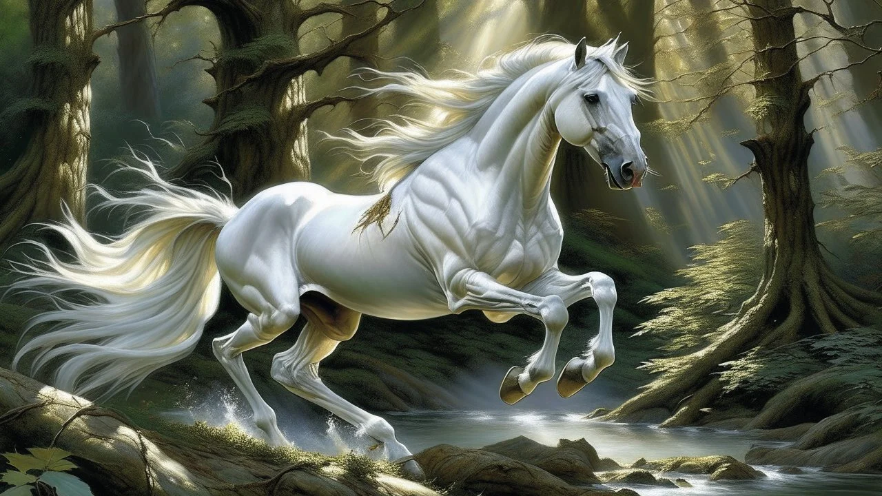 Generate an image of a majestic and regal white stallion galloping through a dense forest with dappled sunlight beaming through the tree branches, creating a tranquil and ethereal atmosphere. The horse's mane and tail should be blown back in the wind, and his muscles should be defined and sculpted as he gracefully leaps over fallen logs and streams. Make sure to capture the horse's piercing gaze and proud posture, exuding a