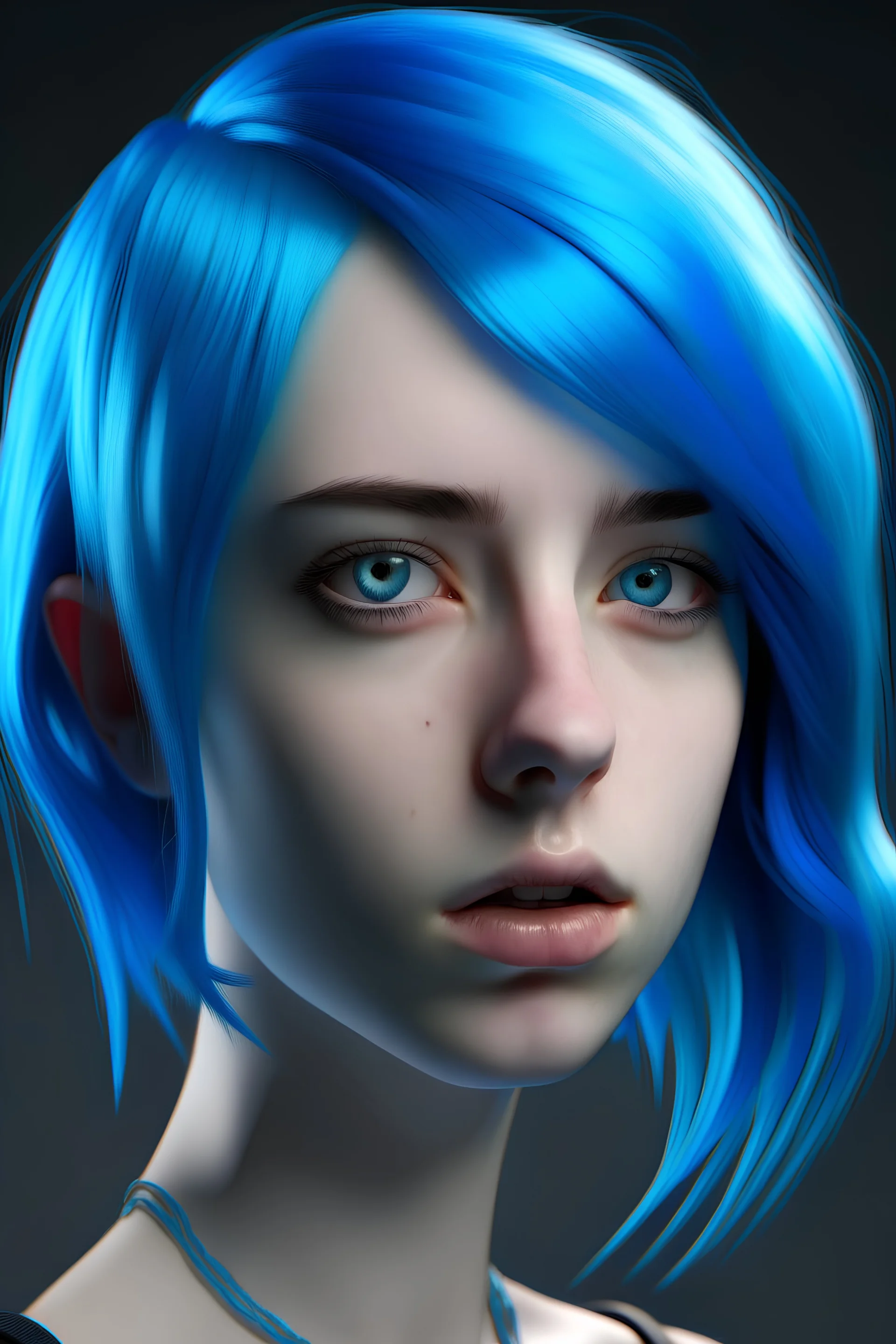 Hyper realistic model with blue hair and blue eyes
