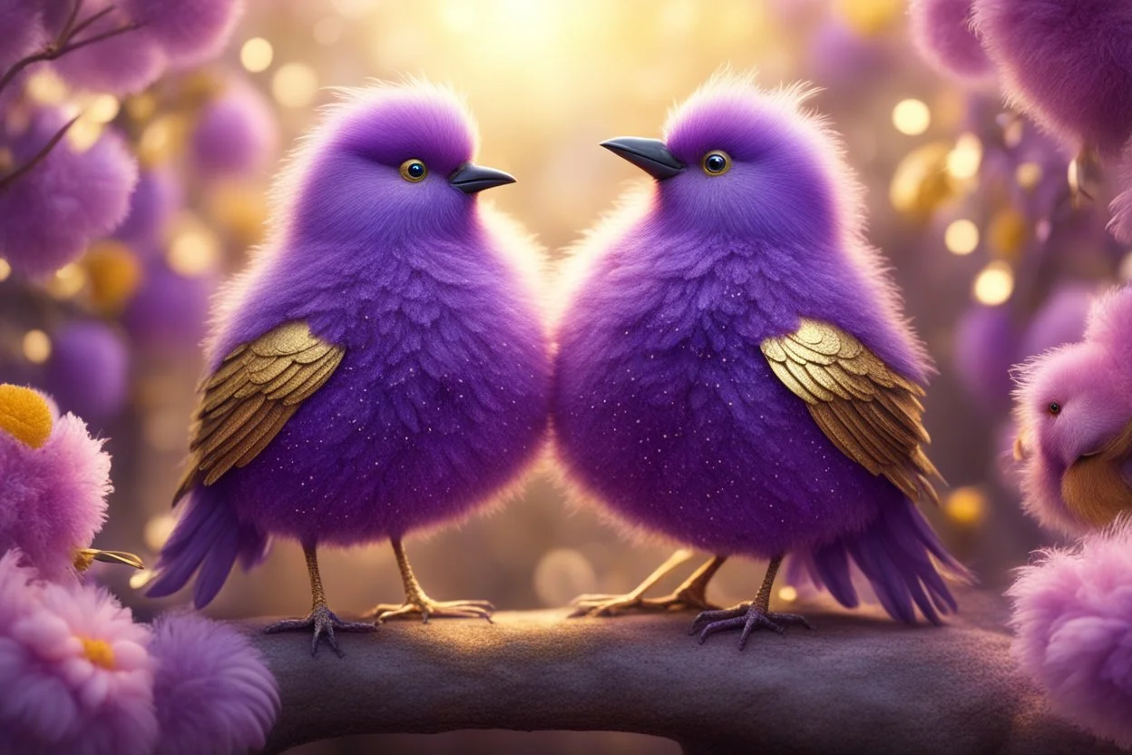 Very fluffy bird couple love, flora, in sparkling sunshine Weight:1 detailed matte painting Weight:0.9 in purple, golden glitters