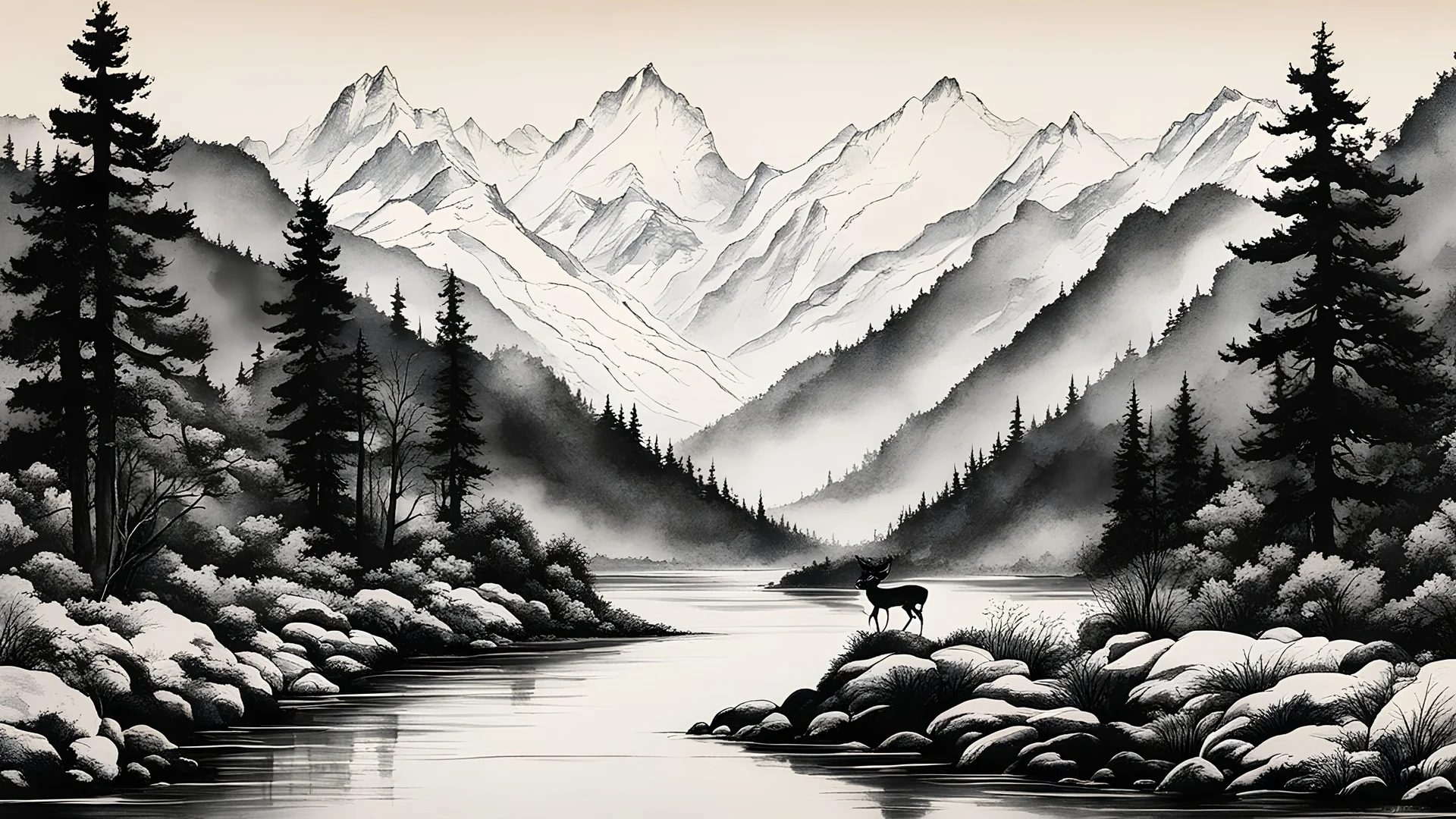 a deer in landscape, traditional ink art, mountain, trees, river