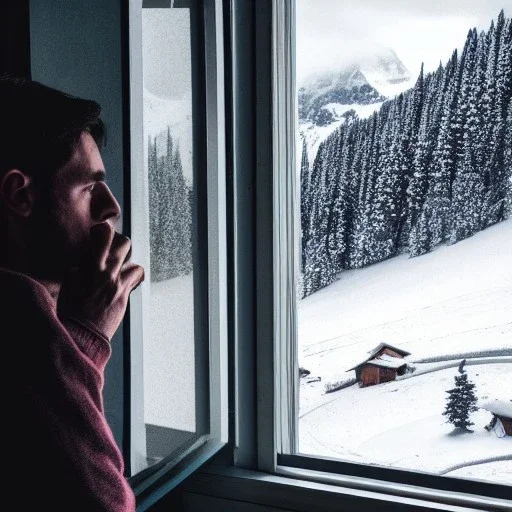 Man looking outside the window of a Hutte, 8k, HD, cinematography, photorealistic, Cinematic, Color Grading, Ultra-Wide Angle, Depth of Field, hyper-detailed, beautifully color-coded, insane details, intricate details, beautifully color graded, Cinematic, Color Grading, Editorial Photography, Depth of Field, DOF, White Balance, 32k, Super-Resolution, Megapixel, ProPhoto RGB, VR