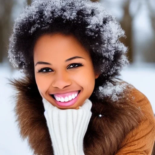 black woman with brown eyes, perfect smile, and brown coily hair in winter wonderland