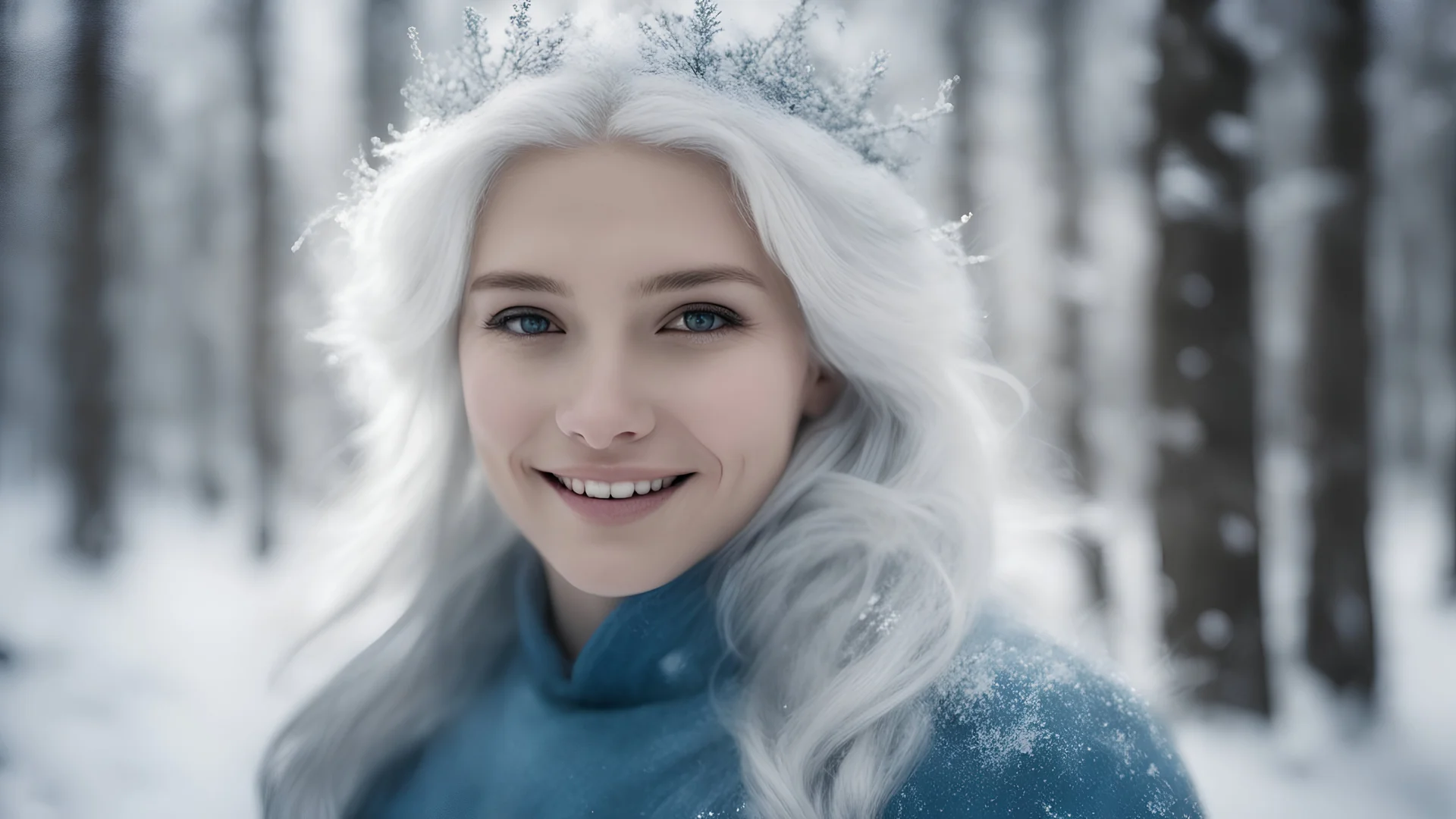 photoreal magnificent young covered white haired magic young snow smiling princess with frost covered skin and a gorgeous blue dress in a pine rich winter wonderland in holy mist and snow by lee jeffries, otherworldly creature, in the style of fantasy movies, photorealistic, shot on Hasselblad h6d-400c, zeiss prime lens, bokeh like f/0.8, tilt-shift lens 8k, high detail, smooth render, unreal engine 5, cinema 4d, HDR, dust effect, vivid colors