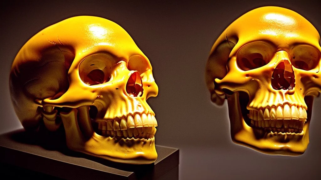 a picture of a dark, comedic, anatomically correct skull of a smiley face, photo realistic, highly detailed, yellow, old, part of a collection of bones on display on a scientists shelving