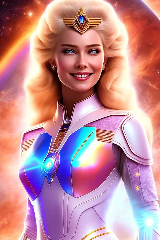 cosmic woman smile, admiral from the future, one fine whole face, crystalline skin, expressive blue eyes,rainbow, smiling lips, very nice smile, costume pleiadian, Beautiful tall woman pleiadian Galactic commander, ship, perfect datailed golden galactic suit, high rank, long blond hair, hand whit five perfect detailed finger, amazing big blue eyes, smilling mouth, high drfinition lips, cosmic happiness, bright colors, blue, pink, gold, jewels, realist, high commander