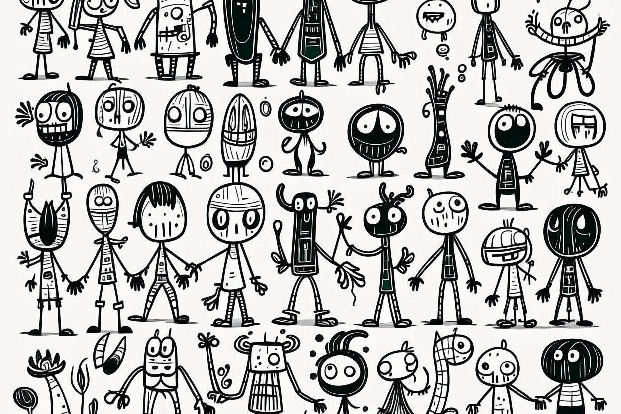 make a bunch of simple hand-drawn spooky and cute cartoon characters with bodies arms, and legs I could draw and make them all different