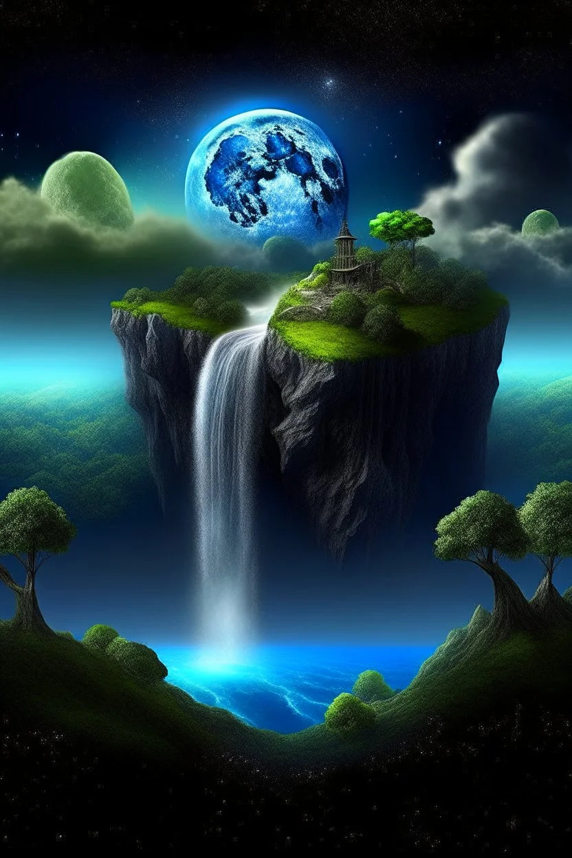 magic a flying island, a waterfall erases it to the ground, soars in the clouds, the moon is visible in the sky, high detail, complex texture, many details, fine drawing, clarity, layering, frame depth, volume of shadows, saturated color, detailed drawing, hyperdetalization, high quality, professional photo, bright colors, backlight, high resolution, 64k,