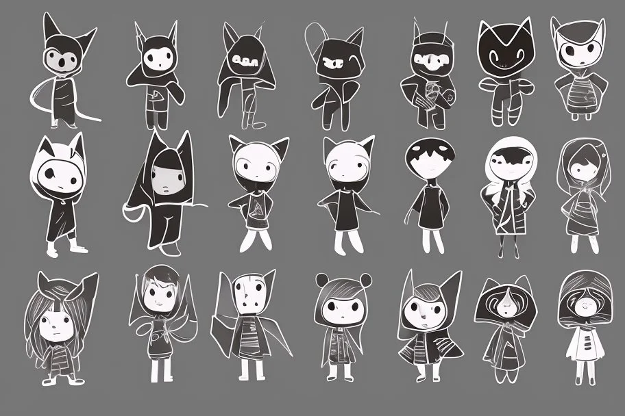 6 simple shaped hand drawn cartoon characters that are cute dark and have hoodies