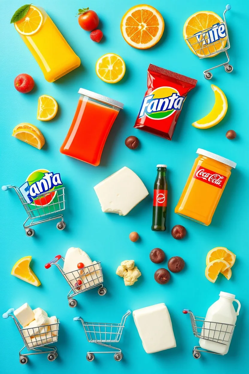 A design filled with various fruit juices, chips, Fanta, Coca-Cola, Sprite, various chocolates, shopping carts, cheese, butter, pasteurized milk, and dairy products in bright, cheerful, and eye-catching colors.