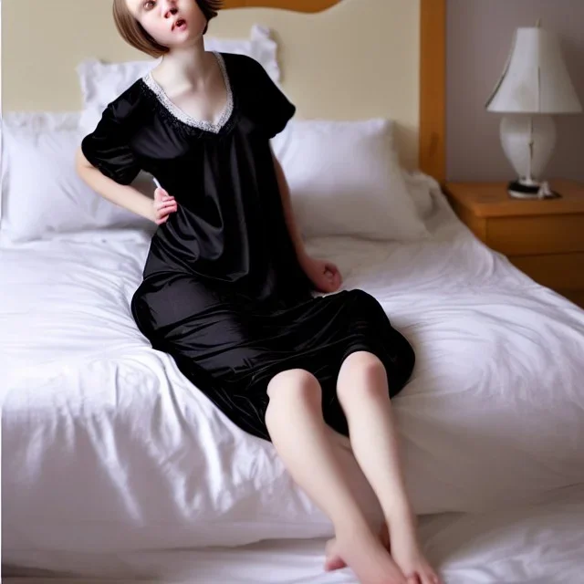 Realistic photo Russian shorthair beautiful 20-years tomboy boyish boylike young wife wide hips in bedroom black nightgown