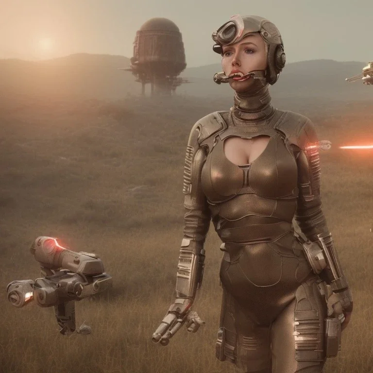 Ultra Realistic retro sci-fi movie war scene, waist up view portrait, blonde woman pointing a gun, sweet scarlet Johansson face, perfect iris, glow eyes, makeup, weapon. Drones background, Retro sci-fi style, helmet, tight latex coat, fog, rain, soft color, highly detailed, unreal engine 5, ray tracing, RTX, lumen lighting, ultra detail, volumetric lighting, 3d, finely drawn, high definition, high resolution.