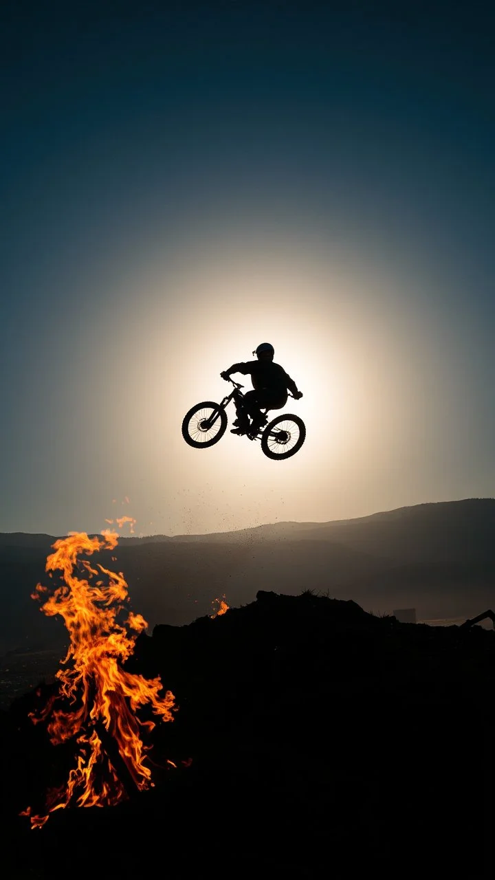A biker jumping over a fire