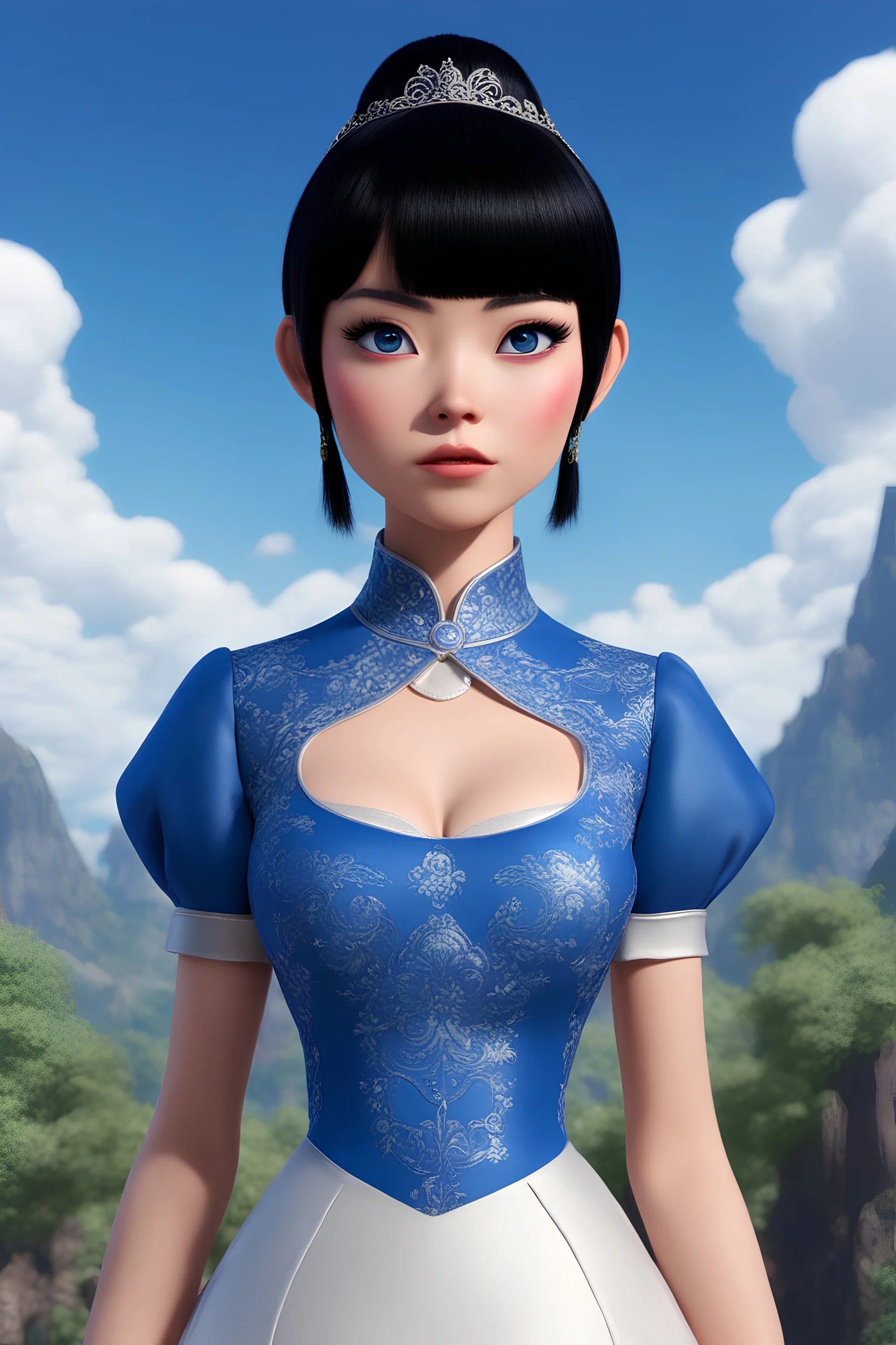 3D Disney Princess type - full body - Horror of the Planet of the Grapes - black hair, Deep Blue Eyes - head and shoulders portrait - Lenna, part grape, part human, short, bowl-cut, straight black hair, the bangs cut straight across the forehead, she resembles a China doll, and she resembles Spock - Mountains, blue skies, clouds, red roses, blue roses, yellow roses, honeysuckle roses, carnations, lilacs, professional quality, 32k, UHD, glossy, 1080p, Extremely high resolution Digital photograph