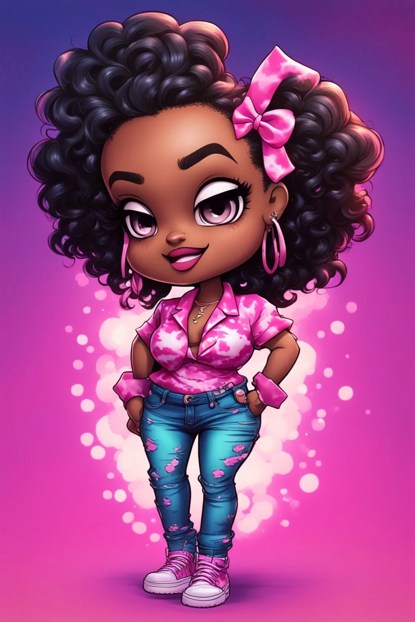 vibrant psychedelic comic book image, airbrush, 48k, cartoon art of a chibi curvy black female wearing torn jeans pants and a pink tie dye off the shoulder blouse. Prominent make up with lush lashes. Highly detailed sleek wavy ponytail