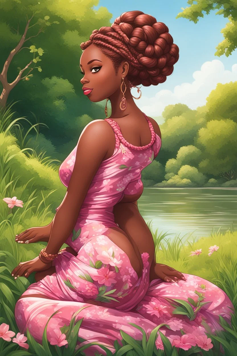 An airbrushed illustration of a curvy black cartoon woman sitting relaxed on a sunny riverbank, lush green grass surrounding her. Facing left in profile, she has flowing chestnut hair styled in an elaborate braided twist. complementing the pink floral maxi dress wrapped snugly around her exaggerated curves. One hand touches her cheek lightly as she looks to the distance, brown eyes enhanced by long lashes and purple eyeshadow. Bold brown lips match the brown flowers on her dress
