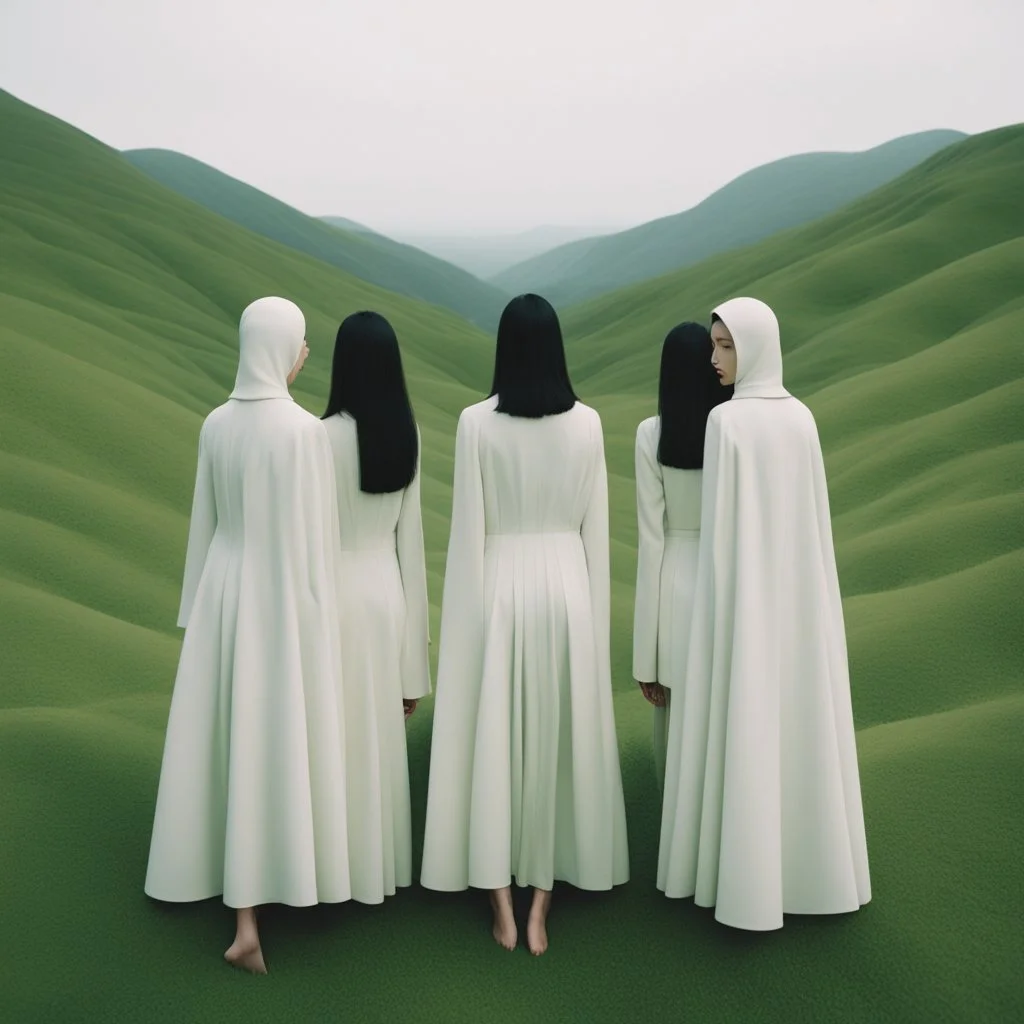 a group of women standing on top of a lush green hillside, inspired by Ren Hang, design milk, long black hair, whites, wanderers traveling from afar, trending on artisation, cloning spell, coat pleats, in twin peaks, submarine, by Helen Thomas Dranga, symetry, round-cropped, noire photo