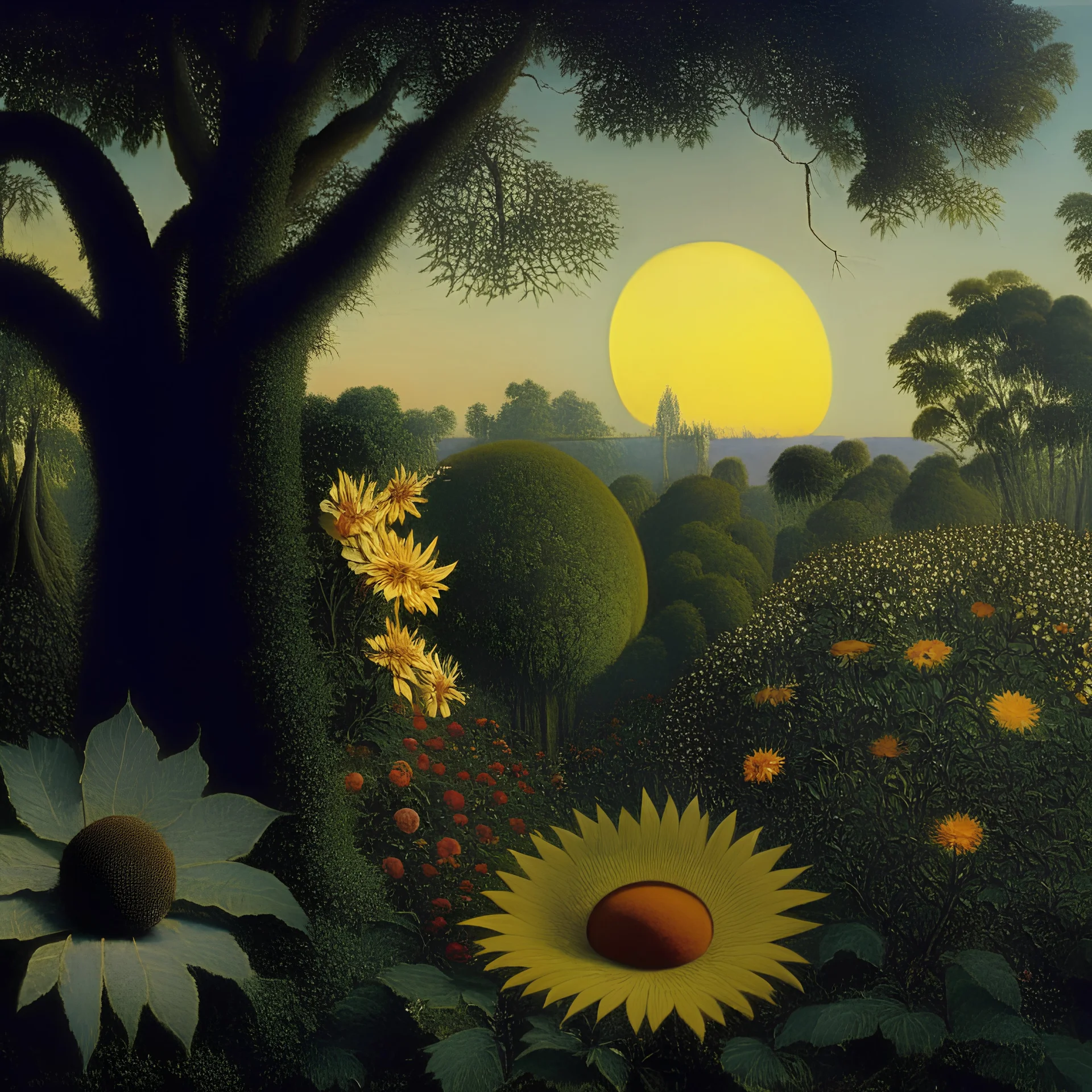 High definition photography of a marvelous landscape, trees, flowers, sun, intricate, atmosphere of a Max Ernst painting, Henri Rousseau, thoughtful, interesting, a bit appalling, smooth