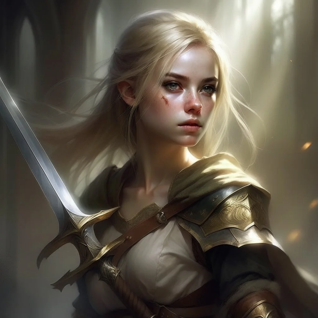 pretty girl, aged 30, blonde, conventionally attractive, fighter, greatsword, elf, dramatic