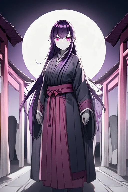 girl, masterpiece, best quality, cinematic lighting, detailed outfit, vibrant colors, perfect eyes, purple hair, pink eyes, long hair, A young woman in a traditional Japanese hakama, standing in a shrine, illuminated by a full moon, painted in a traditional ukiyo-e style, with a soft, muted color palette, intricate details, and dynamic composition