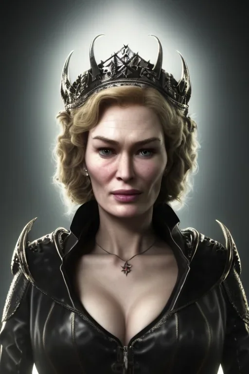 Cersei Lannister as evil queen in black leather coat, busty, cleavage, voluptuous, lena headay, angry, stern look. character design by cory loftis, fenghua zhong, ryohei hase, ismail inceoglu and ruan jia. unreal engine 5, artistic lighting, highly detailed, photorealistic, fantasy