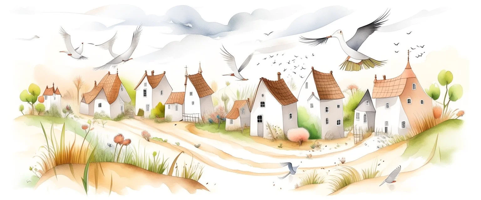 A white village with windmills and birds painted by Zosan