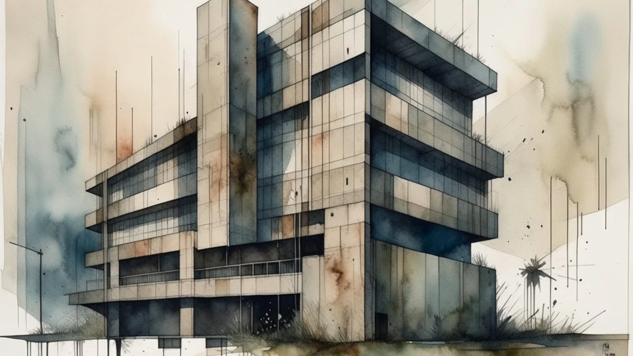 watercolor painting, Rugged, geometric concrete building with a harsh, industrial aesthetic that is visually softened by the way environmental factors like light and shadow create a dynamic, ever-changing visual dialogue across its facade., creative, detailed brush stroke, minimal spalsh