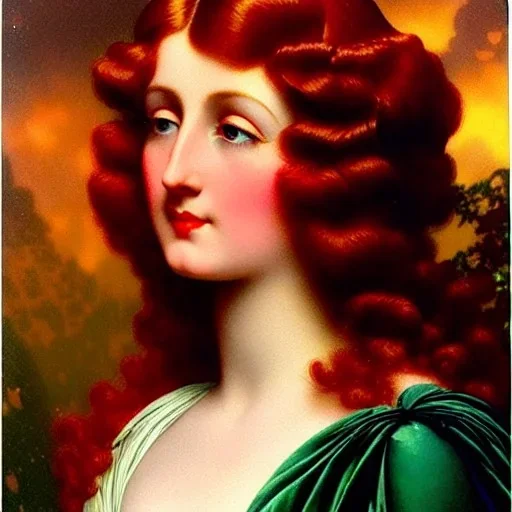 Young maggie rizer, meticulously detailed face, meticulously detailed multi-hued long red hair; ethereal fantasy. Maxfield Parrish. realistic oil painting. Victorian era, glitter, luminous color sparkles, old fashioned, vintage, antique, beautiful, renaissance, 16k