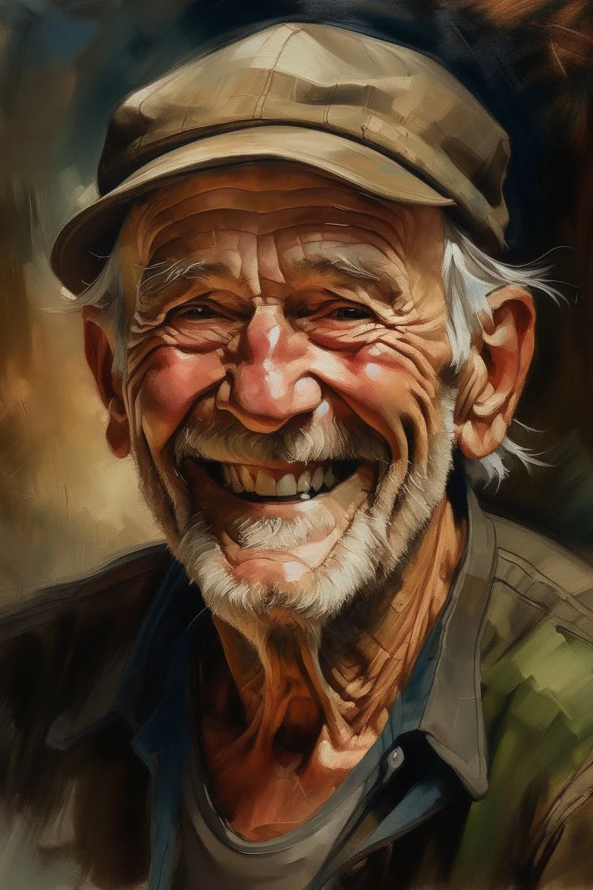 an expressive painting of old man wearing a baseball hat smiling painting, we might see a companion with features of absolute strength and determination, blended with warmth and deep faith. Perhaps his face expresses wisdom and courage, with eyes radiating confidence and faith.