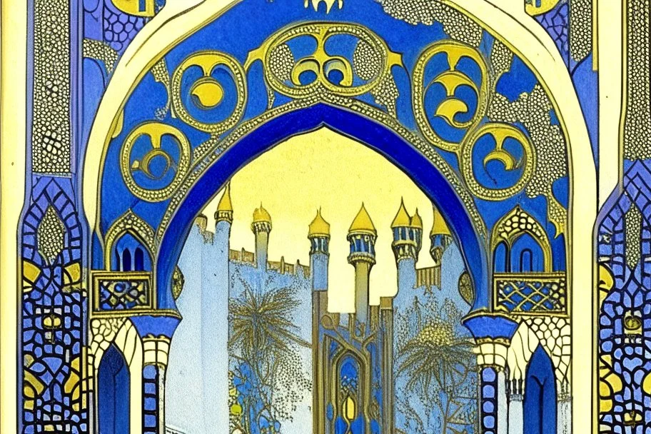 an open gothic_Arab gate in a blue-and-gold-tiled wall with a view of an old city by artist "Beardsley",by artist "Rackham",by artist "Bertha Lum",by artist "Dulac",by artist "Erte"