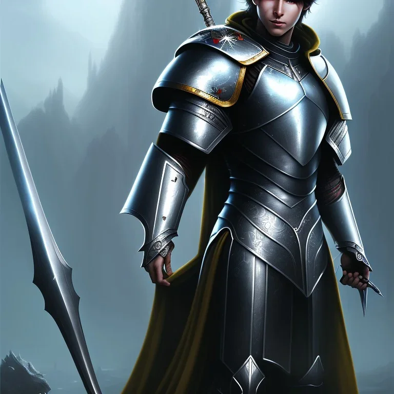 a pretty boy in armor, without beard, Has grey eyes, black hair.