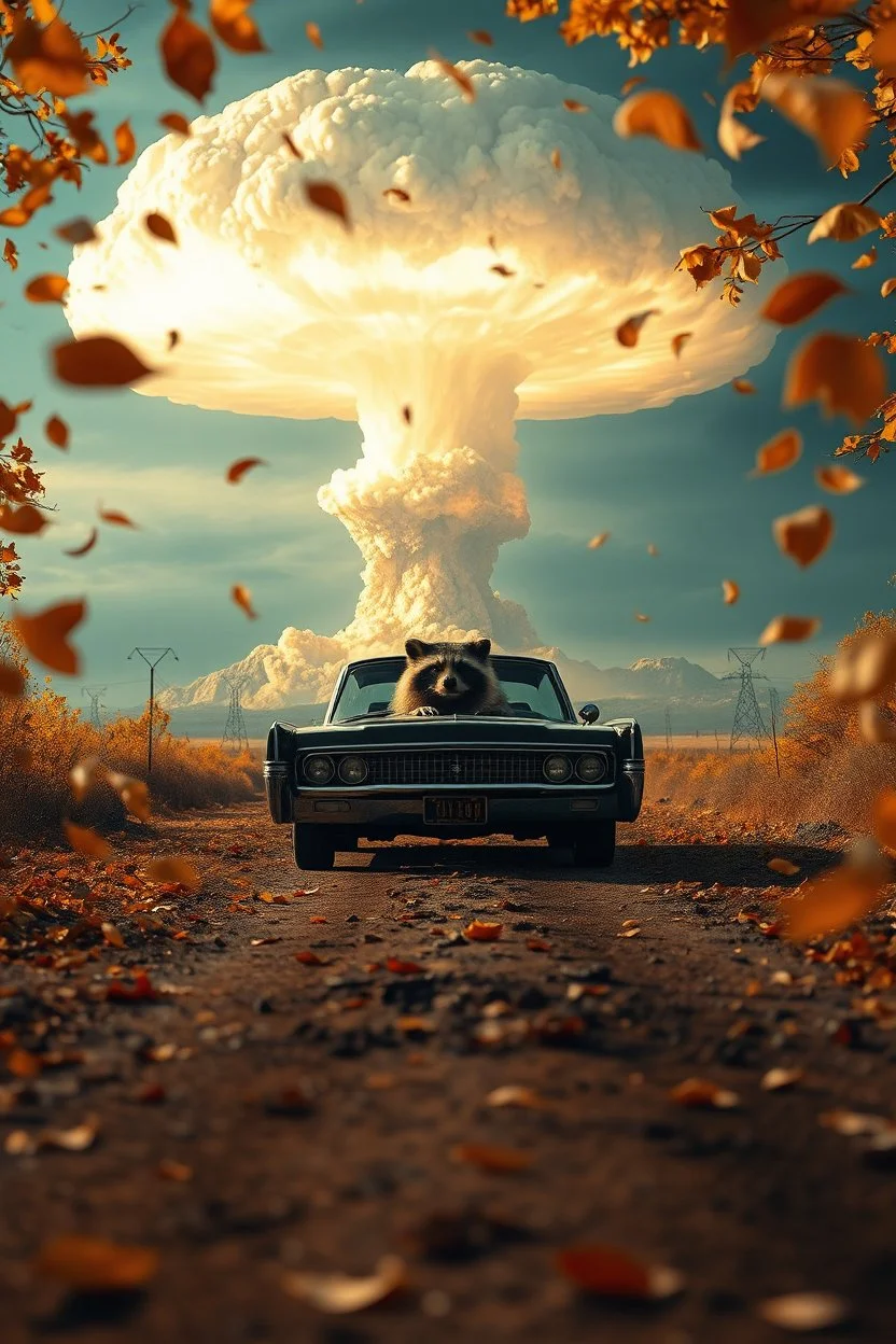 foreground with many falling leaves, behind is a nuclear explosion's mushroom cloud that looks more like a tree in fall, with explosion radiating outward, many leaves falling in foreground, ground is dirt and scorched with a road coming down the middle towards viewer, on the road facing towards below the viewer is a black 1962 Lincoln Continental with the roof down and a driving is a giant racoon, higher perspective, angelic fantastic lighting