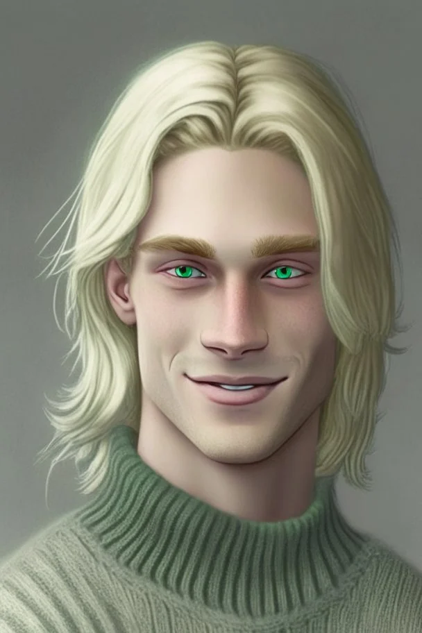 Realistic young man, longish blond hair, droopy green eyes, angular facial feature, grey sweater, white skin, gentle smile