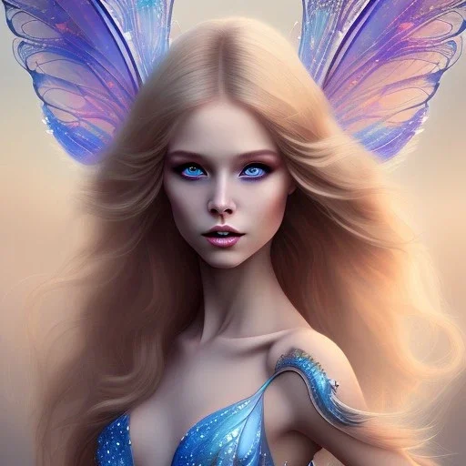 tres belle fairy souriante avec de magnifiques ailes et des cheveux longs blonds,yeux bleus