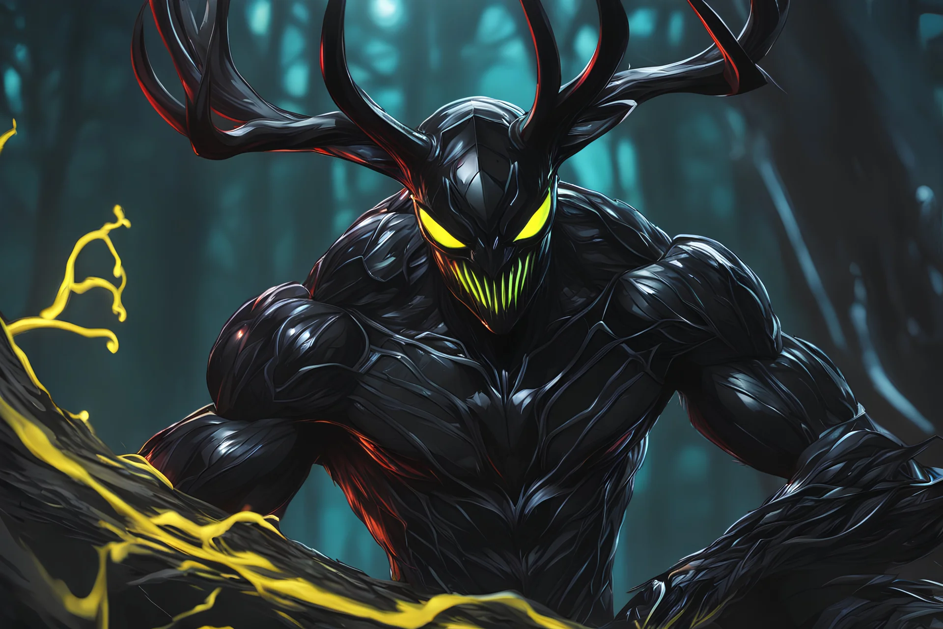 Black Shadow symbiote in 8k realistic anime e drawing style, close picture, Deer them, neon color, intricate details, highly detailed, high details, detailed portrait, masterpiece,ultra detailed, ultra quality
