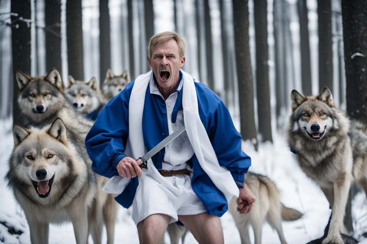 a Finnish man with blue and white clothes, holds a knife, attacked by wolves, young girls with no pants is screaming