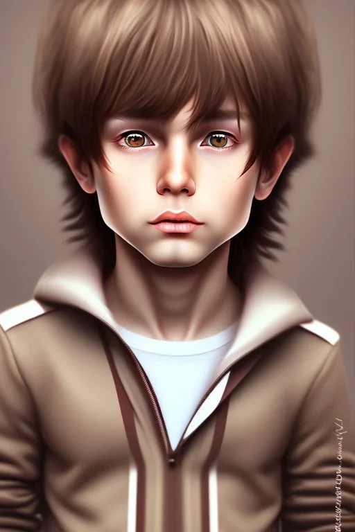 10 year old boy, brown hair, bangs, cute, beautiful, semi realistic