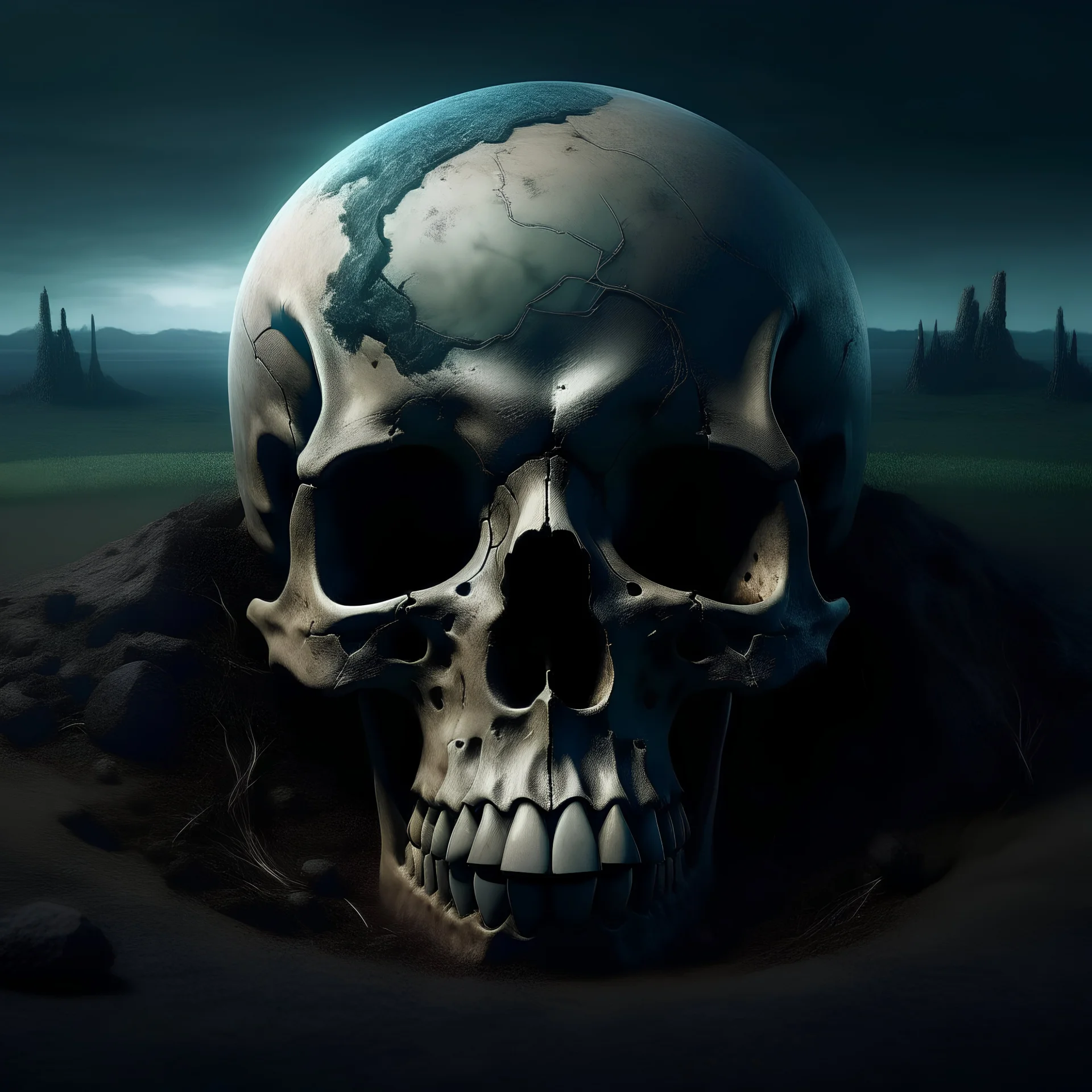 a skull inside the ground of an ending world