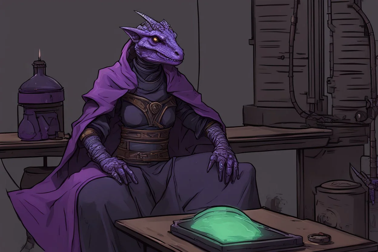 a black and purple, female argonian artificer who uses Tesla coils, skinny, wearing little armor and a robe, sitting in her lab