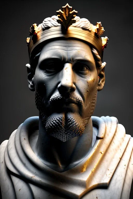 Ultra Realistic image, Roman sculpture, white marble material, Lionel Messi, gold crown of natural thorns, god crown, gold veins, gold ornaments, Renaissance style, sun rays background, waist up portrait, epic, celestial, cinematic lighting, God lights, 4k resolution, smooth details, soft lighting, unreal engine 5, art station, substance 3d.