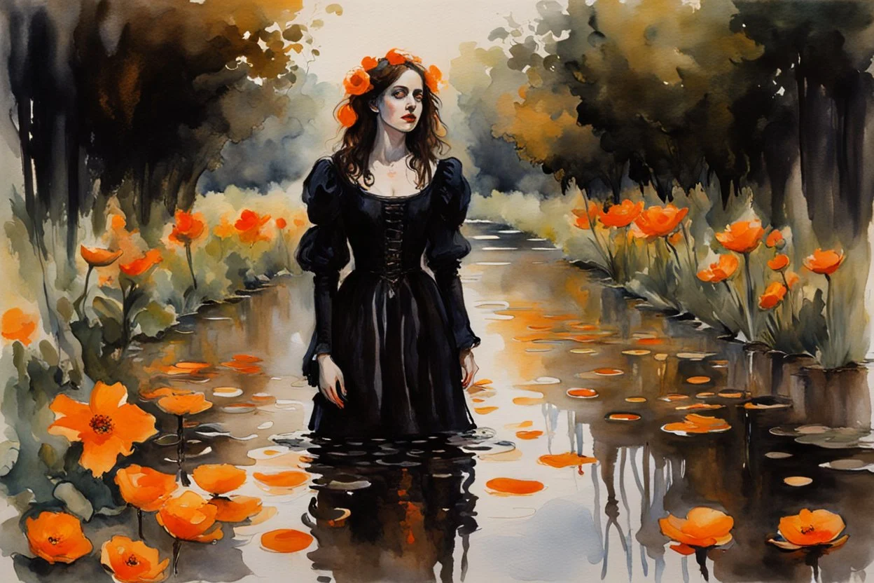 Night, one woman, orange flowers, gothic horror movies influence, puddle, epic, john singer sargent watercolor paintings