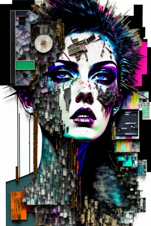 Ultra detailed medium portrait painting of anxiety , torn up collage of clippings, broken circuitry background, matrix effects, punk visual art, punk art aesthetic, graffiti art, pop surrealism, collage art, cluttered paint glitches