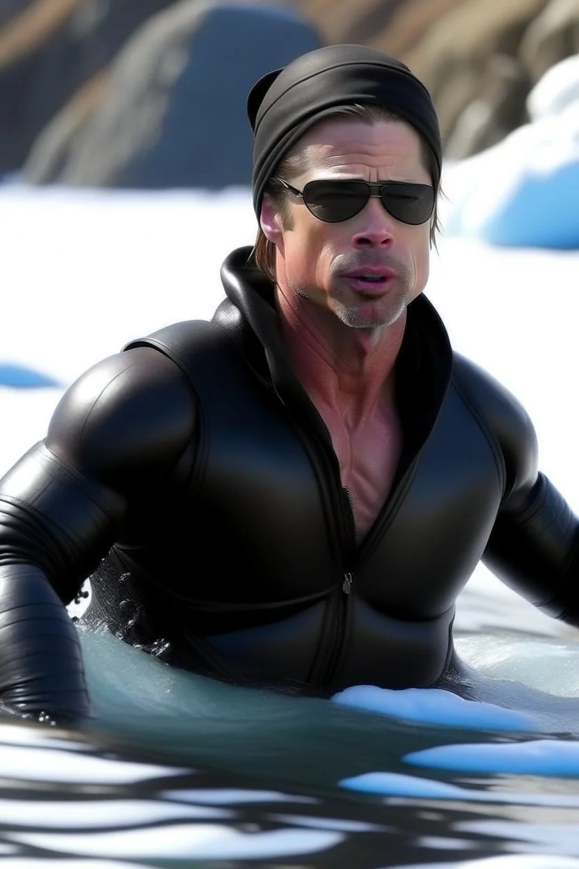 brad pitt bathing in a frozen lake with snorkel