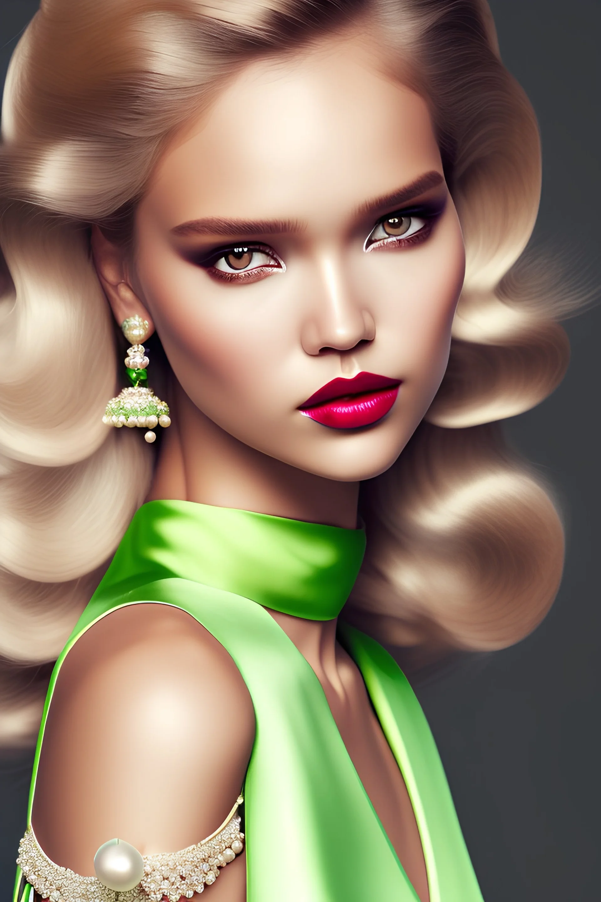 beautiful Sasha Luss with pearls and green color silk dress with glossy dark lipstik on her lips,wearing pearls mask, long curly blonde hair, Photorealistic dramatic hyperrealistic criyng clown paint ,Crystal black eyes,Photorealistic dramatic by WLOP, Artgerm, Greg Rutkowski, Beautiful dynamic,shadows,Artstation,concept design art, Octane render,8K